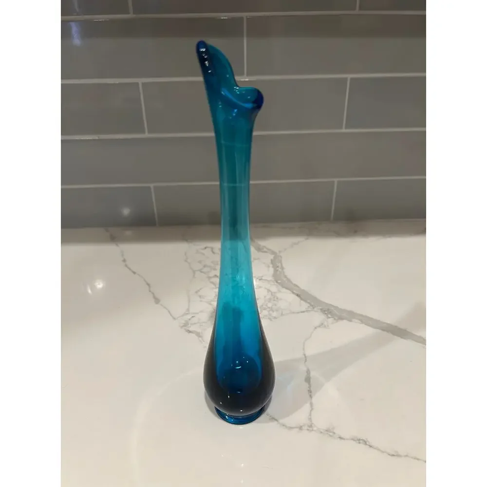 Mid-Century Modern‎ Viking Blue Swung Art Glass Vase- Quantity 2 Excellent Cond